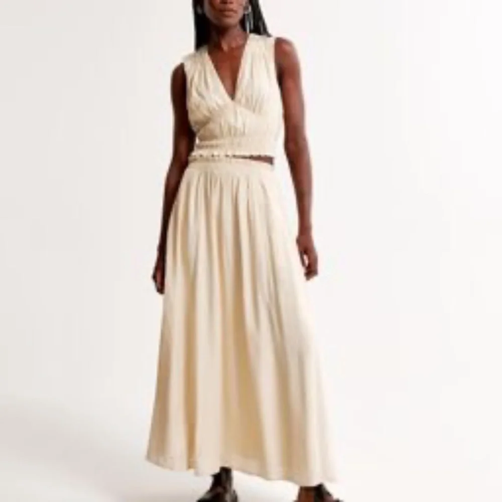 Abercrombie and Fitch Crinkle Textured Plunge Top and Maxi Skirt Cream M/L